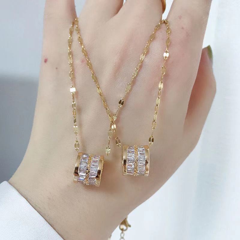 Minimalist Geometric Titanium Steel Necklace with Gold Plated Brass Pendant and Rhinestone Inlay