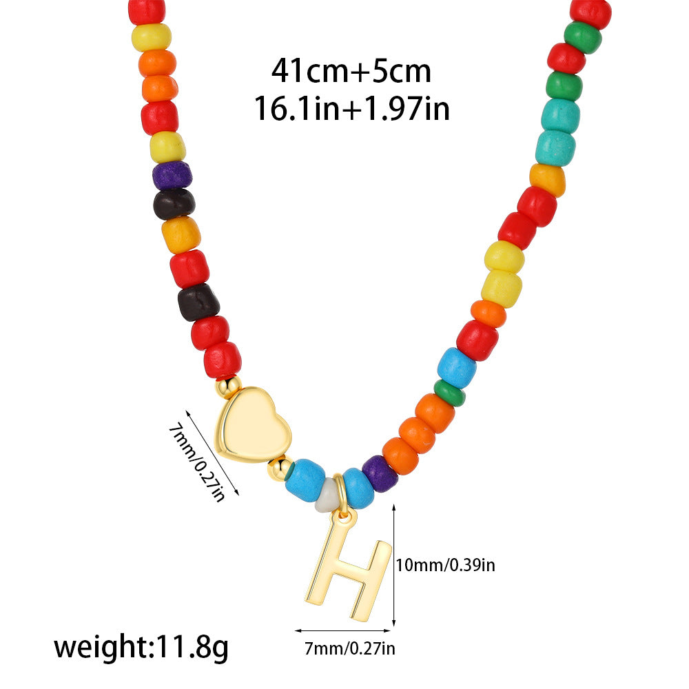 Collana Unisex Casual Placcata Oro 14K con Ciondolo a Cuore Lettera e Perline in Acciaio Inossidabile