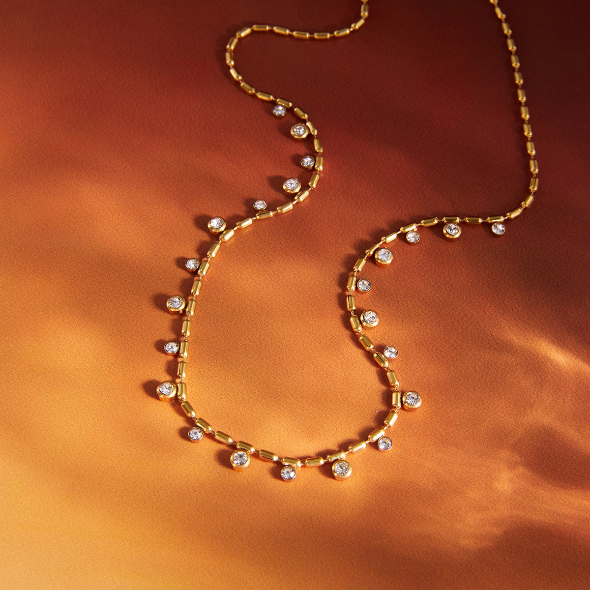 Minimalist Geometric Round Rhinestone Stainless Steel Ball Chain Necklace for Women