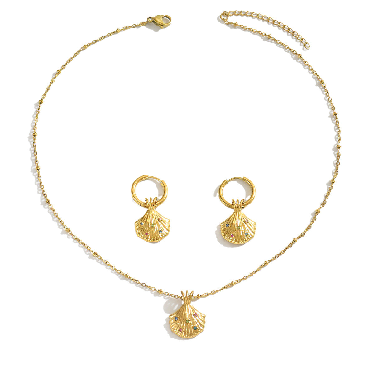 Set di collana e orecchini a pendente con conchiglia minimalista da donna ispirati all'oceano in rame con intarsio di strass
