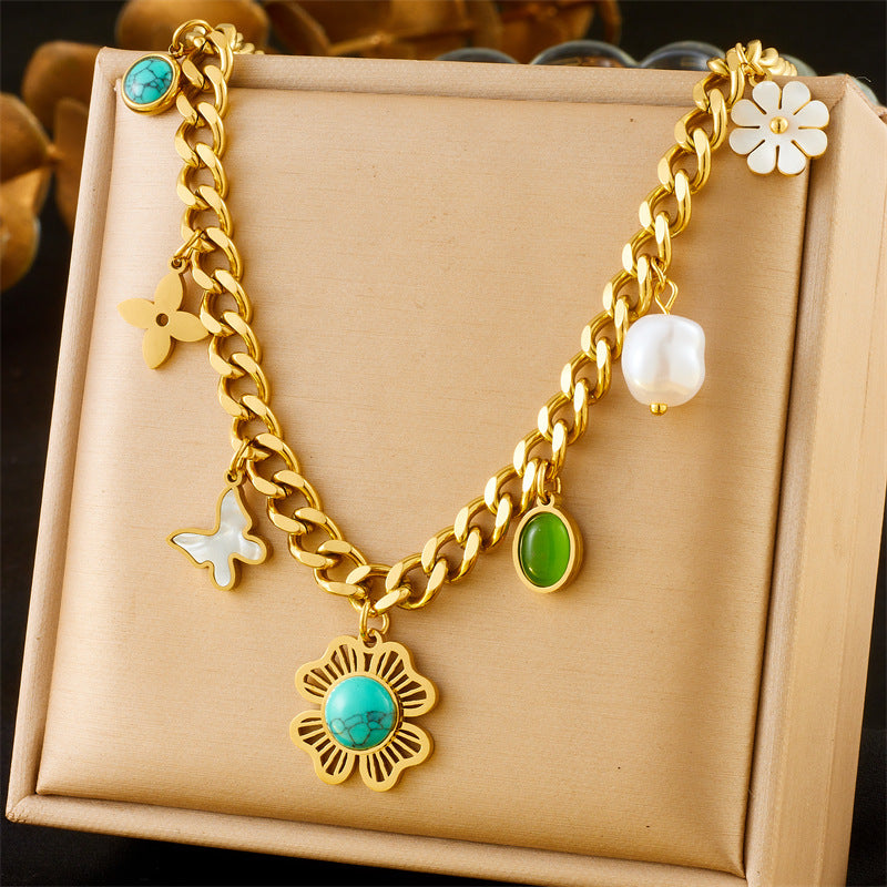 Vintage Stainless Steel Plated Butterfly Daisy Flower Pendant Necklace with Pearl and Turquoise Inlay for Women