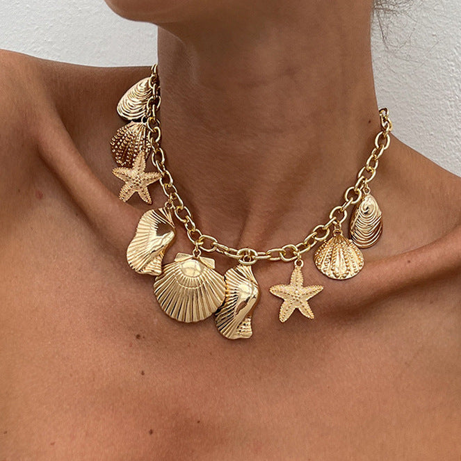 Sweet Plated Aluminum Alloy Star and Shell Pendant Necklace for Women