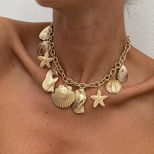 Sweet Plated Aluminum Alloy Star and Shell Pendant Necklace for Women