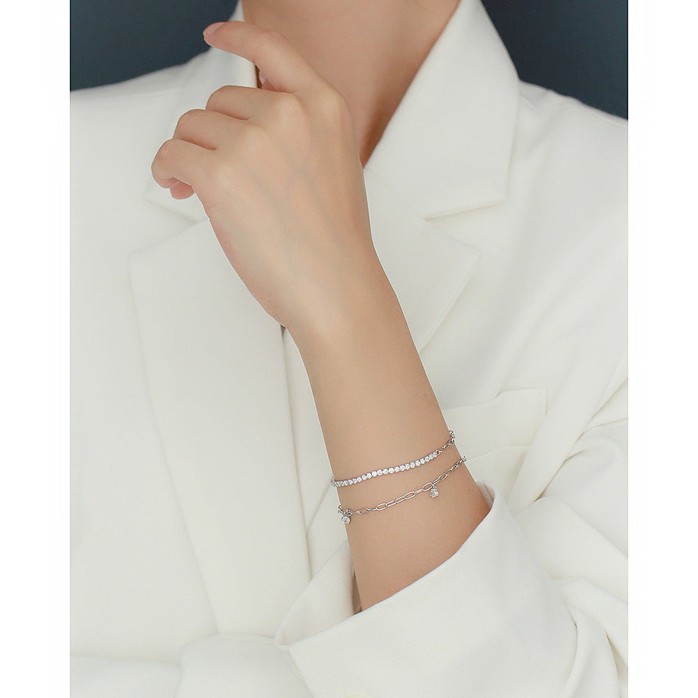 Sweet Minimalist 925 Sterling Silver Geometric Plated Bracelet with Diamond Inlay for Women