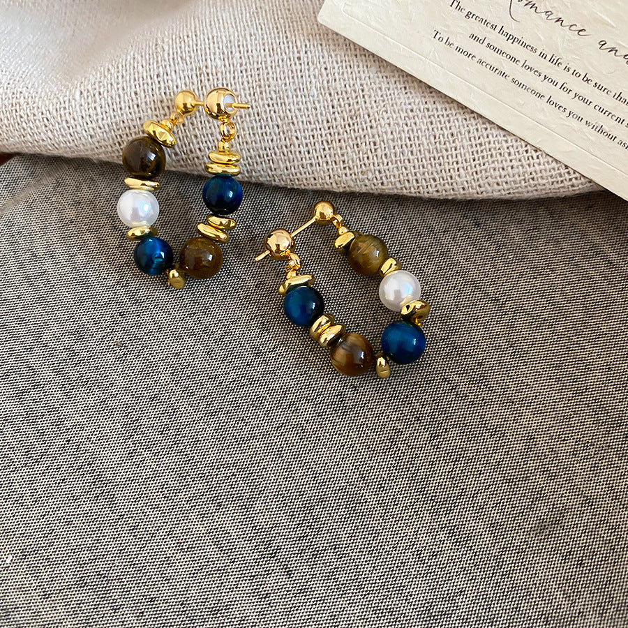 Pendientes de tuerca ovalados de ojo de tigre estilo Maillard vintage con postes de plata 925 bañados en oro de 18 quilates
