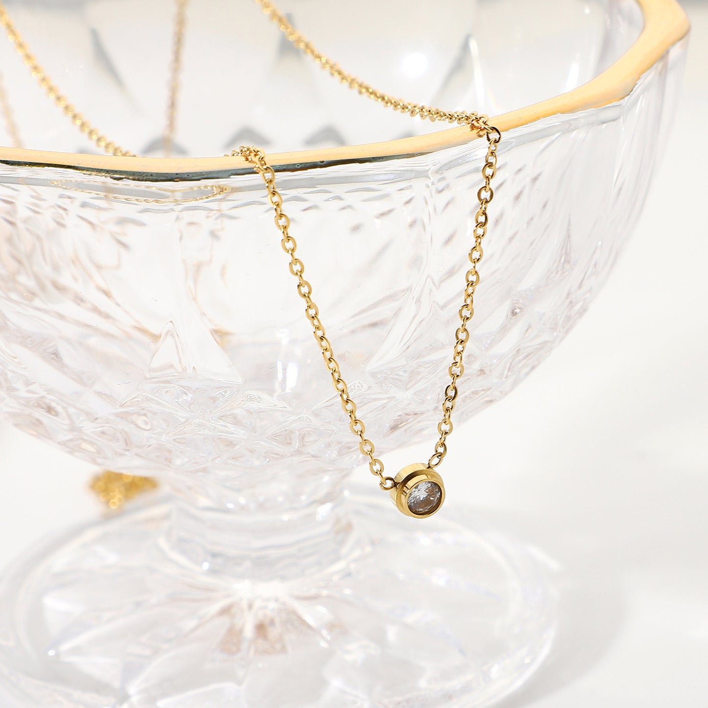 Minimalist Mini Round and Rectangular Cubic Zirconia Necklace in 18K Gold Plated Stainless Steel with Geometric Pendant for Women