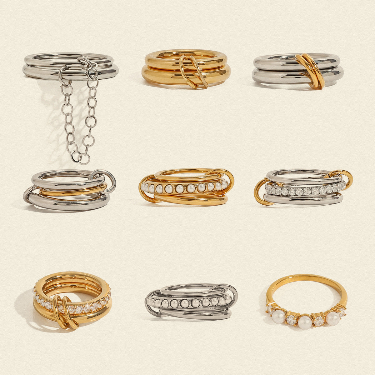 Anillo minimalista geométrico de titanio y acero con detalles de perlas, anillo de moda hipoalergénico de acero inoxidable para mujer