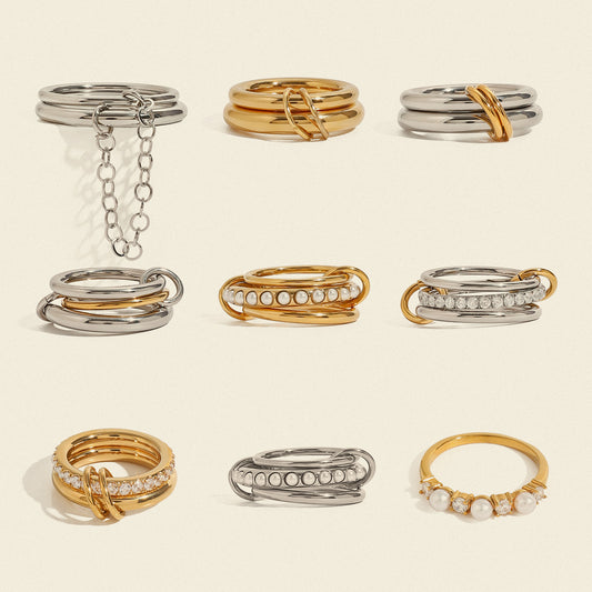 Anillo minimalista geométrico de titanio y acero con detalles de perlas, anillo de moda hipoalergénico de acero inoxidable para mujer