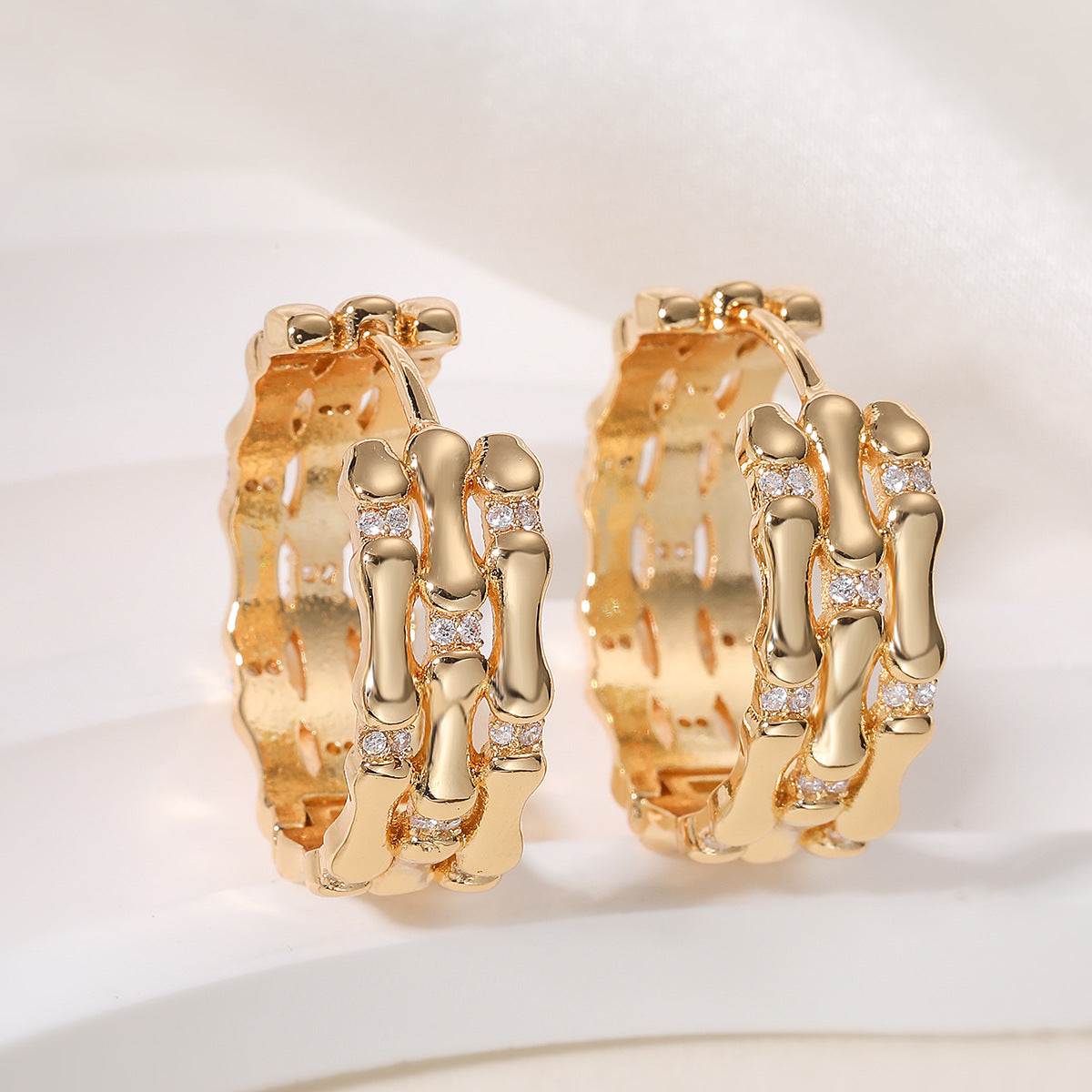 Vintage Elegant Geometric Brass Gold Plated Cubic Zirconia Hoop Earrings for Women