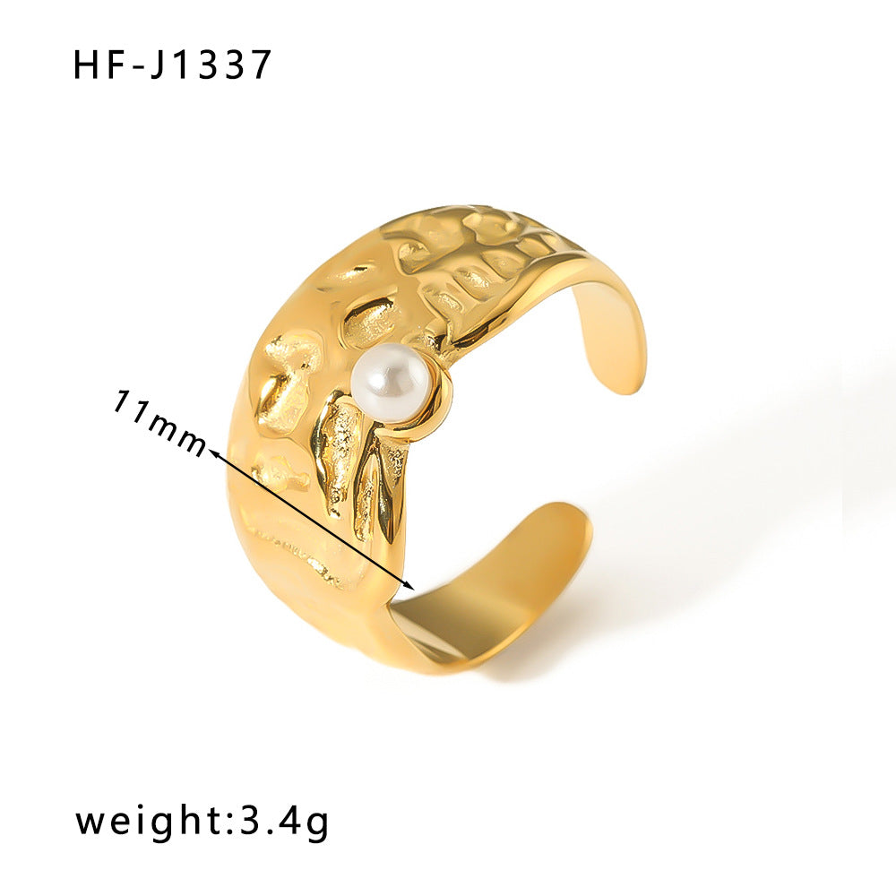 Minimalist Geometric Lava Pearl Ring in Stainless Steel with 18K Vacuum Plating, Adjustable Open Band