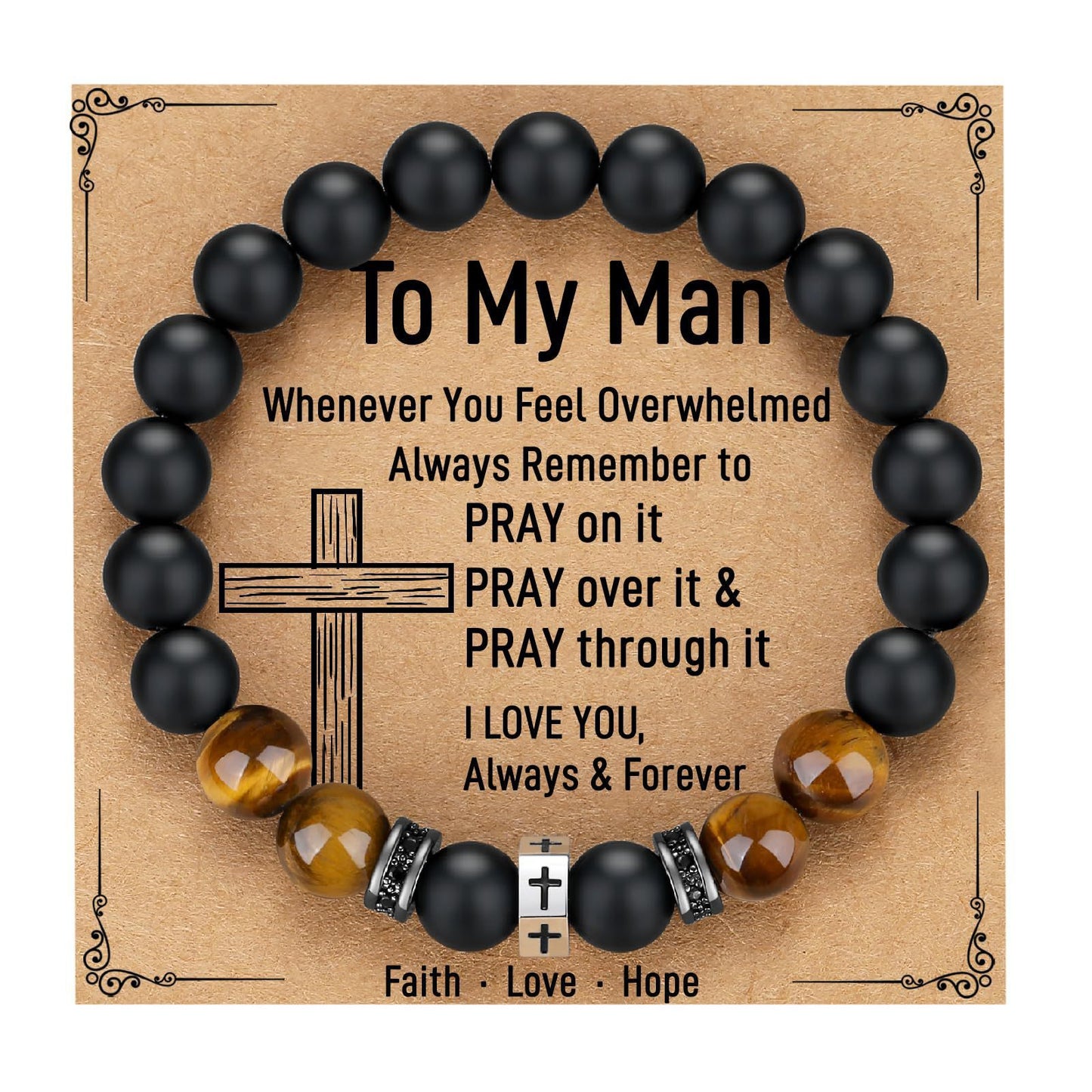 Matte Geometric Cross Tiger Eye Beaded Bracelet Stainless Steel Elastic Bangle