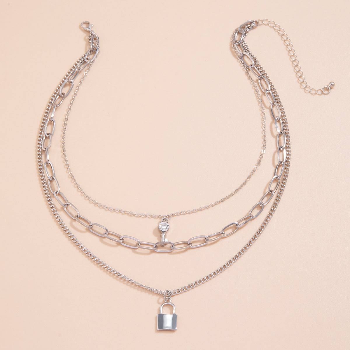 Minimalist Geometric Lock and Key Alloy Plated Necklace with Curb Chain for Women