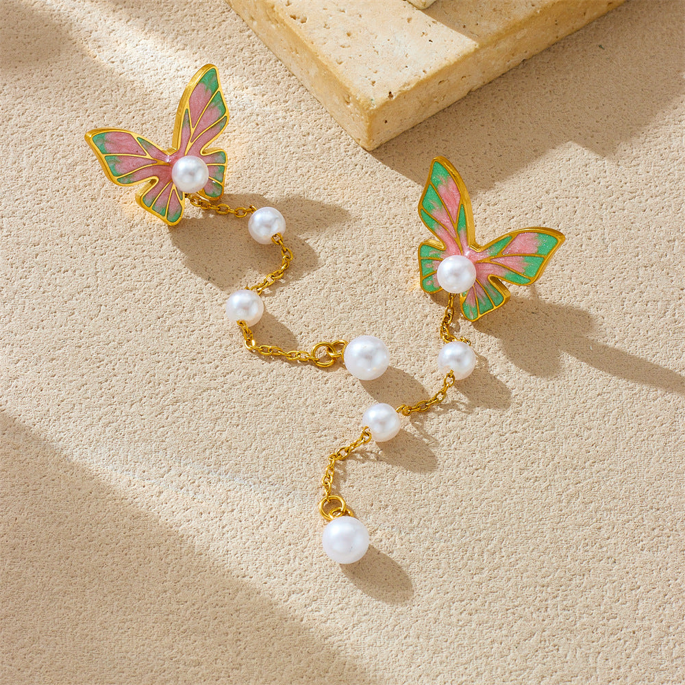 Sweet and Cute Butterfly-Shaped Stainless Steel Earrings with Pearl Dangle, Gradient Enamel Finish, and Polished Surface