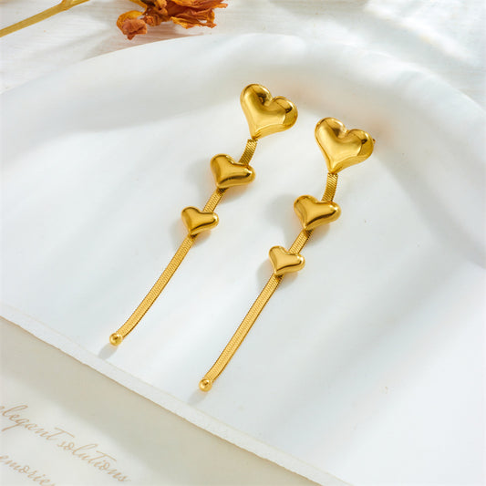 Fashionable Minimalist Long Tassel Heart-Shaped Titanium Steel Gold-Plated Earrings for Women