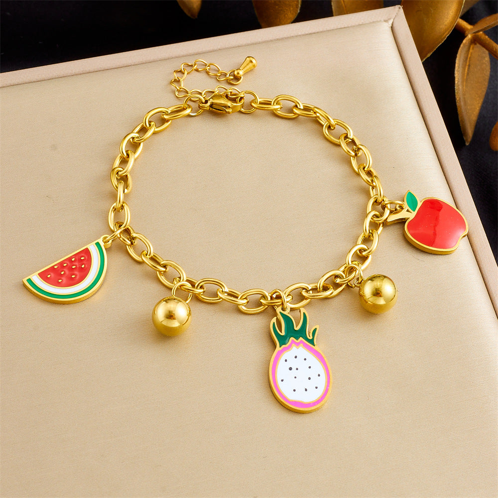 Cartoon Fruit-Shaped Enamel Pendant Bracelet for Women with Stainless Steel Chain in Dragon Fruit Watermelon and Apple Designs