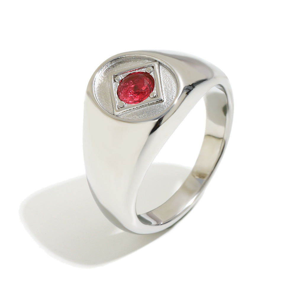 Vintage 18K Gold Plated Geometric Round Stainless Steel Ring with Red Rhinestone for Women