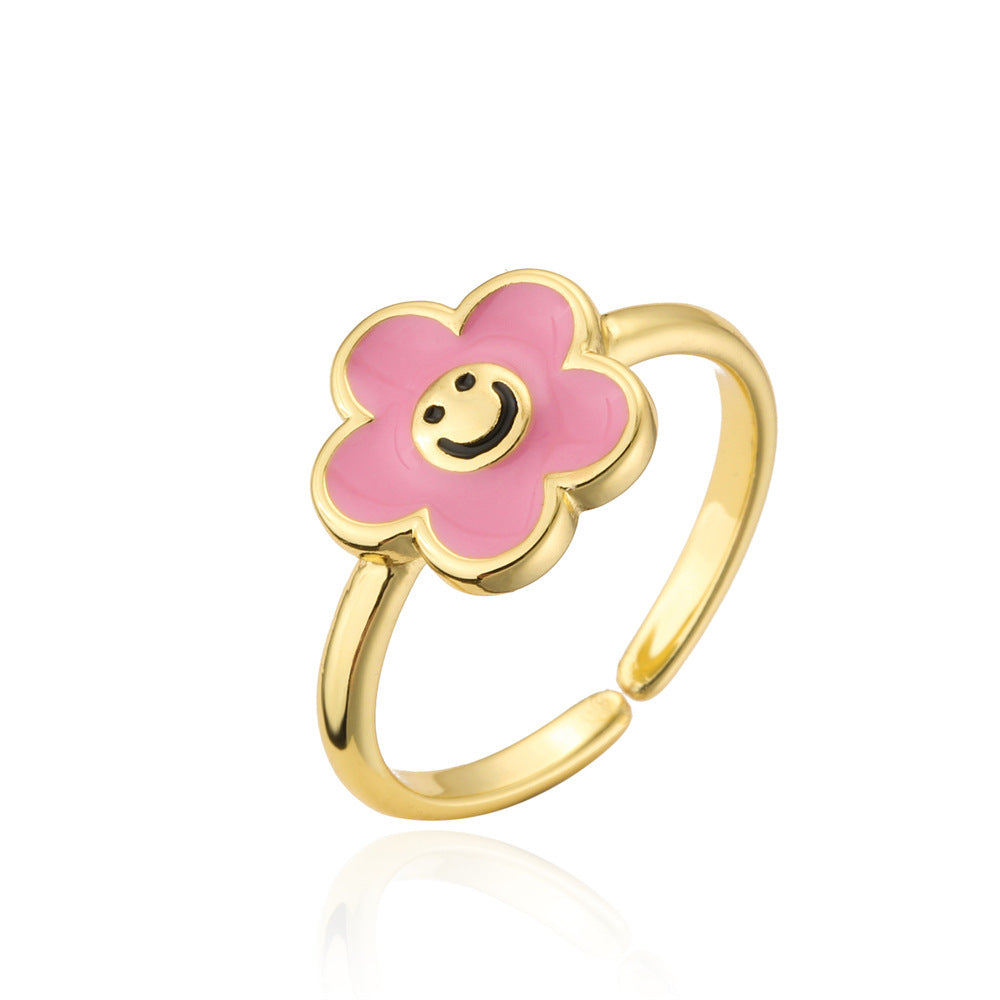 Fashion Drip Oil Gold Plated Brass Geometric Flower Open Ring for Women
