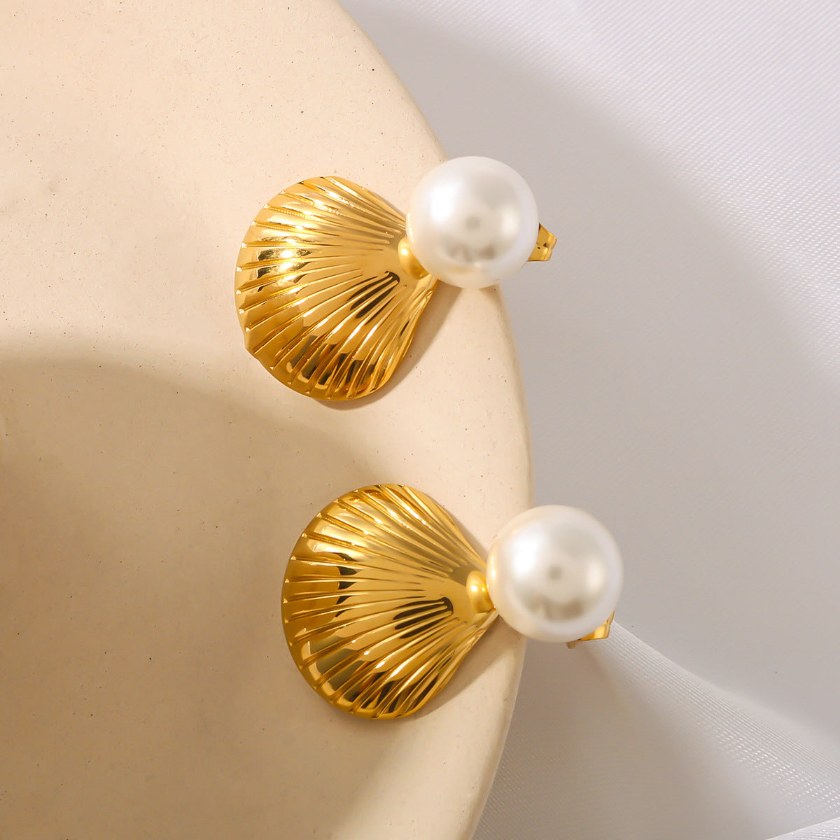 Minimalist Geometric Pearl and Shell Stud Earrings for Women in Stainless Steel with 18K Vacuum Plating