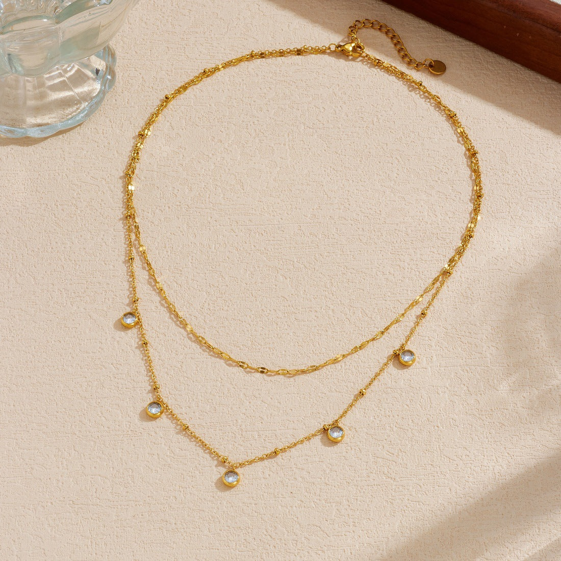 Minimalist Gold Plated Round Geometric Stainless Steel Rhinestone Lips Double Layer Necklace for Women