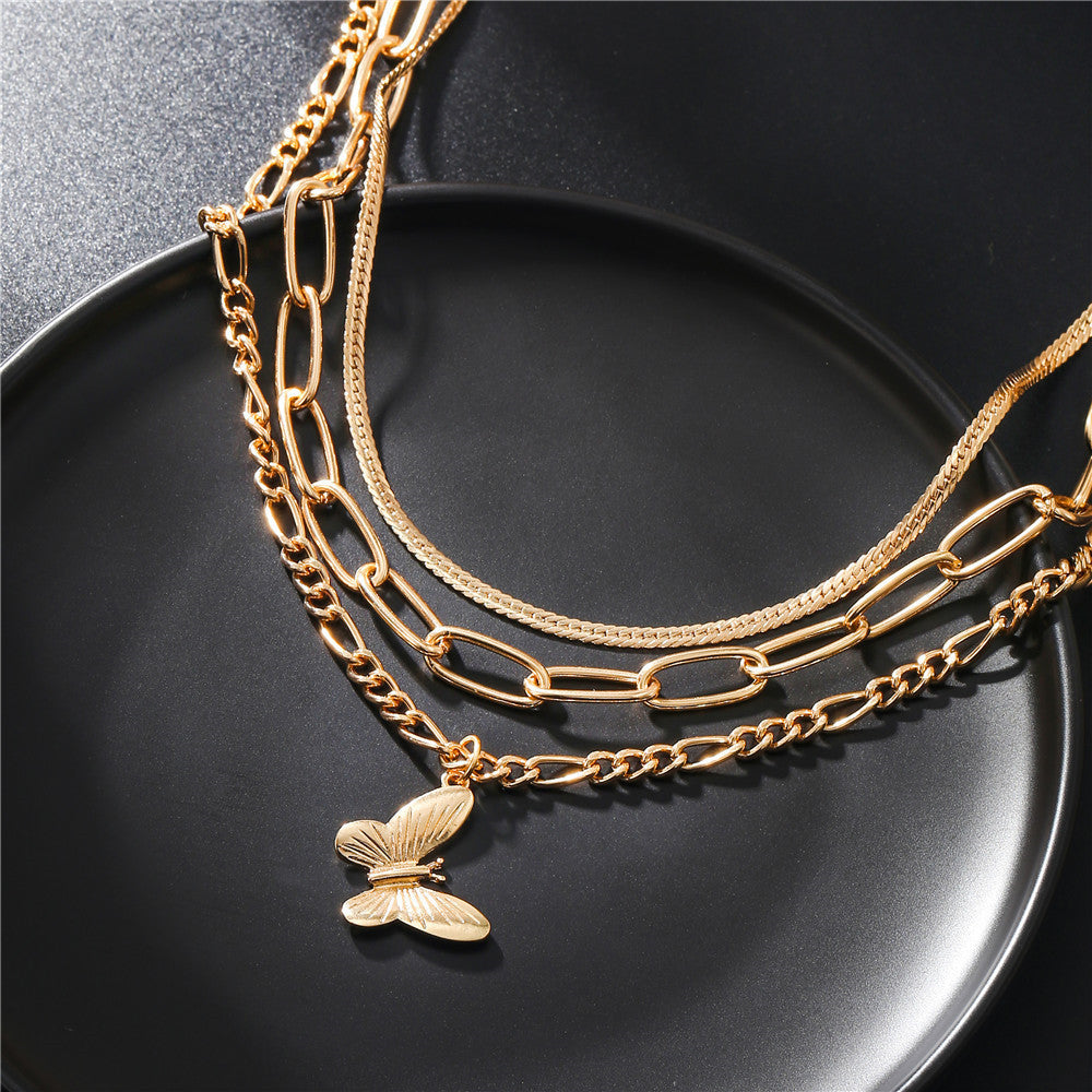 Gold Plated Alloy Butterfly Pendant Necklace with Cable Chain for Women