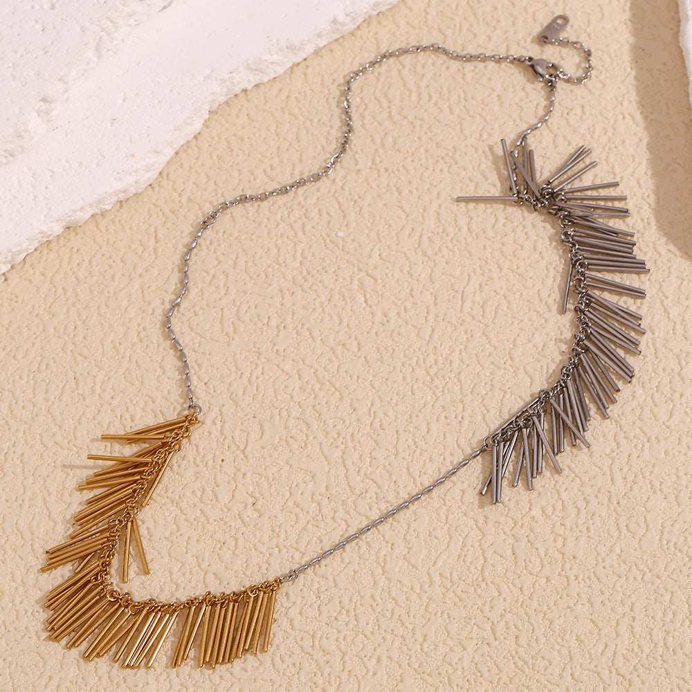 Minimalist Geometric Stainless Steel Pendant Necklace with 18K Gold Plating and Dual-Tone Tassel Detail for Women
