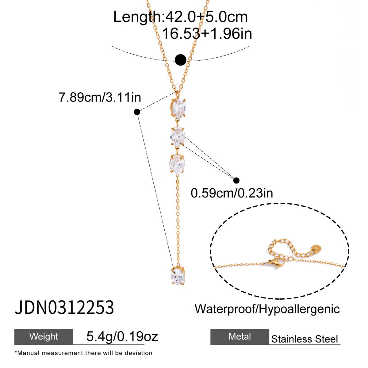 Elegant Minimalist Geometric Oval Cubic Zirconia PVD Gold Plated Stainless Steel Y-Chain Necklace for Women