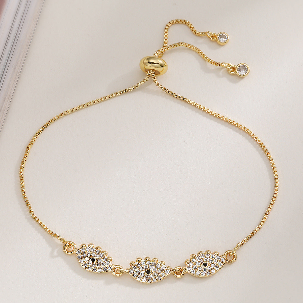 Vintage Luxury 18K Gold Plated Brass Geometric Heart Cubic Zirconia Evil Eye Bracelet for Women
