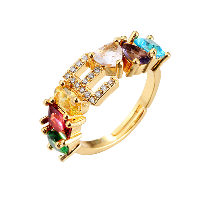 Hand-Set Cubic Zirconia Letter Open Ring Gold Plated Brass Adjustable Women