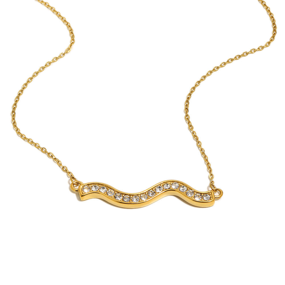 Casual Geometric Stainless Steel Gold Plated Rhinestone Wave Pendant Necklace for Women