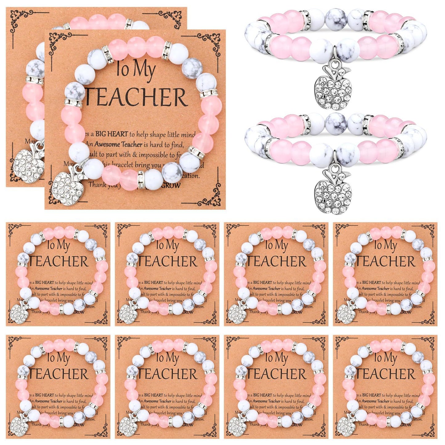 Sweet Natural Pink Zebra Print Crystal Heart Pendant Beaded Bracelet Set Unisex