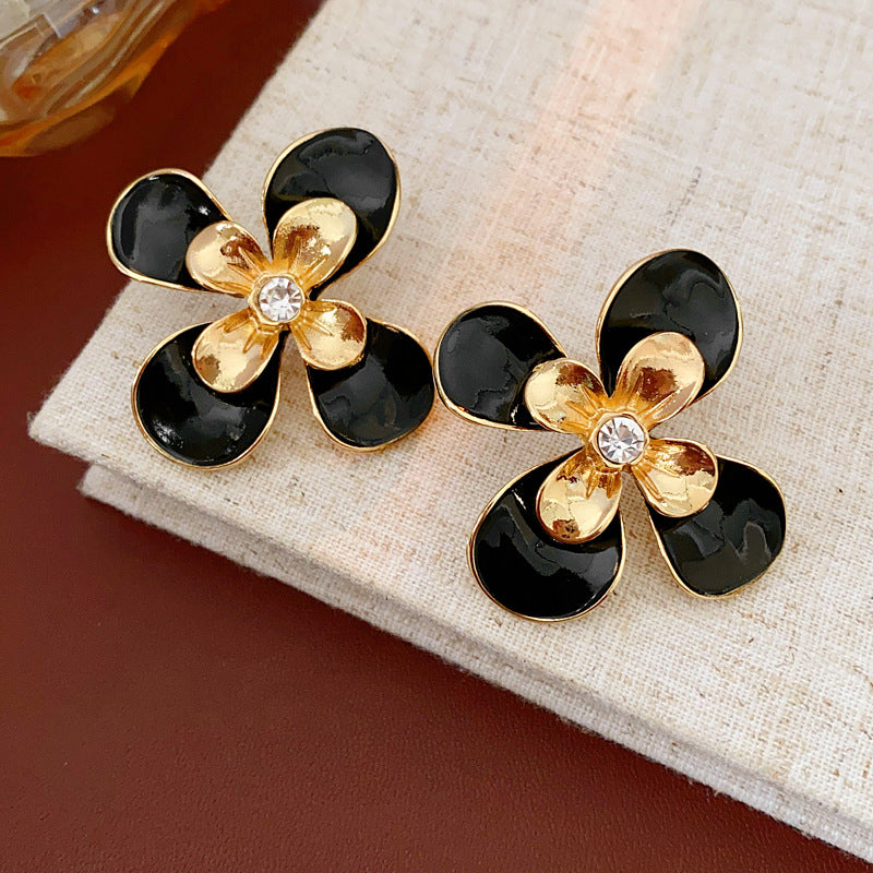 Vintage Floral Earrings with Enamel Finish and Rhinestone Inlay in Alloy with Stainless Steel Posts for Women