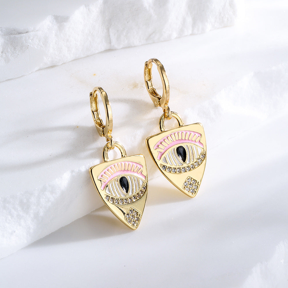 Orecchini geometrici minimalisti in rame placcati in oro 18 carati con dettaglio smaltato a forma di occhio da donna