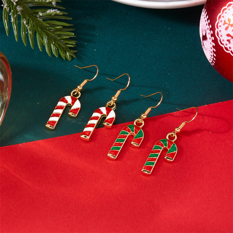 Pendientes de Navidad con forma de bastón de caramelo para mujer con base de aleación de zinc y acabado galvanizado, joyas festivas coloridas rojas y verdes para fiestas navideñas.