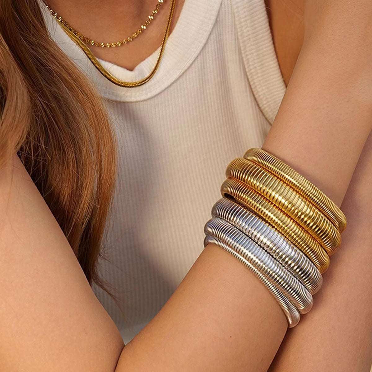 Vintage Punk Striped Round Plated Alloy Elastic Bangle Bracelet