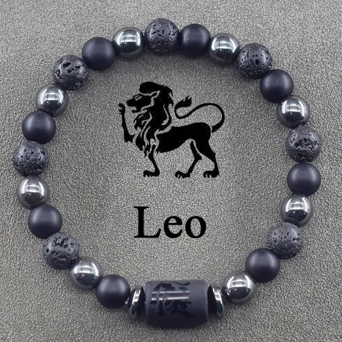 Matte Obsidian Hematite Volcanic Stone Zodiac Beaded Bracelet Unisex Elastic Stretch Bangle