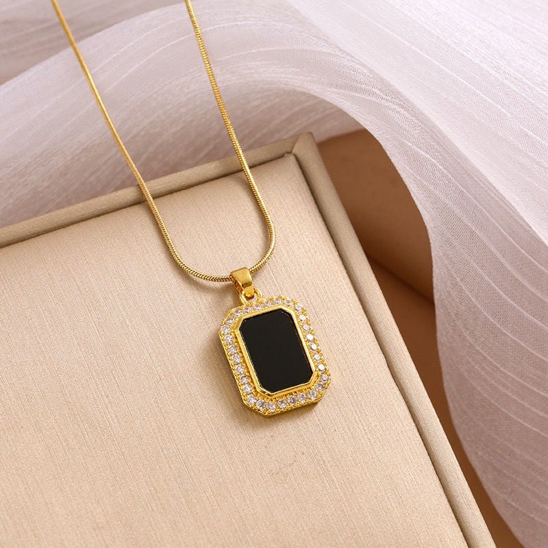 Minimalist Square Pendant Necklace for Women and Men in Titanium Steel with Rhinestone Inlay and Gold Plating on O-Chain
