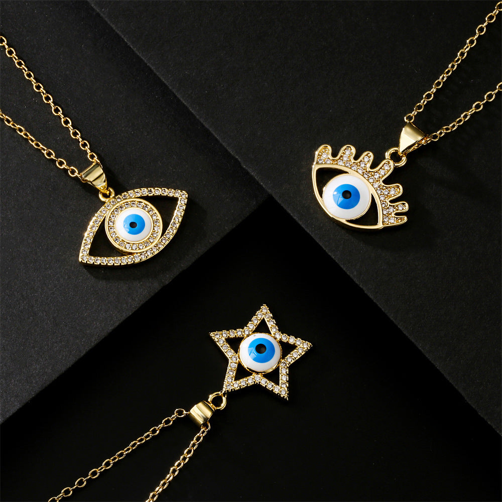 Gold Plated Brass Geometric Heart Evil Eye Pendant Necklace with Cubic Zirconia Inlay and Drip Oil Detail on Cable Chain