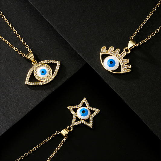 Gold Plated Brass Geometric Heart Evil Eye Pendant Necklace with Cubic Zirconia Inlay and Drip Oil Detail on Cable Chain