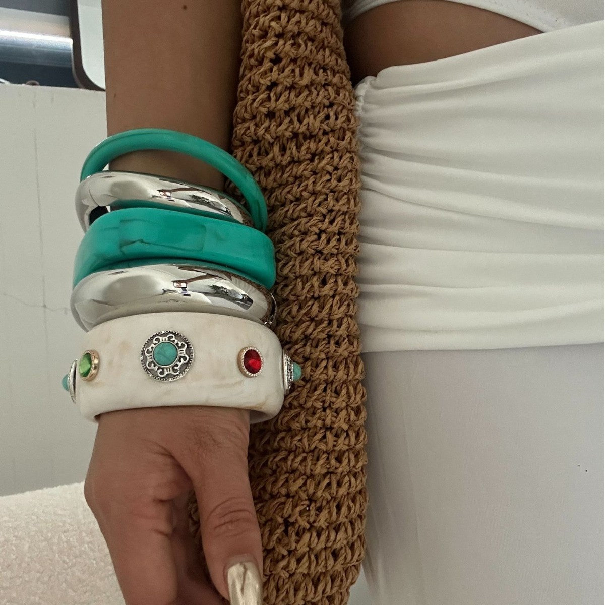 Elegant Geometric Turquoise Resin Cuff Bracelet Gold Plated Wide Band