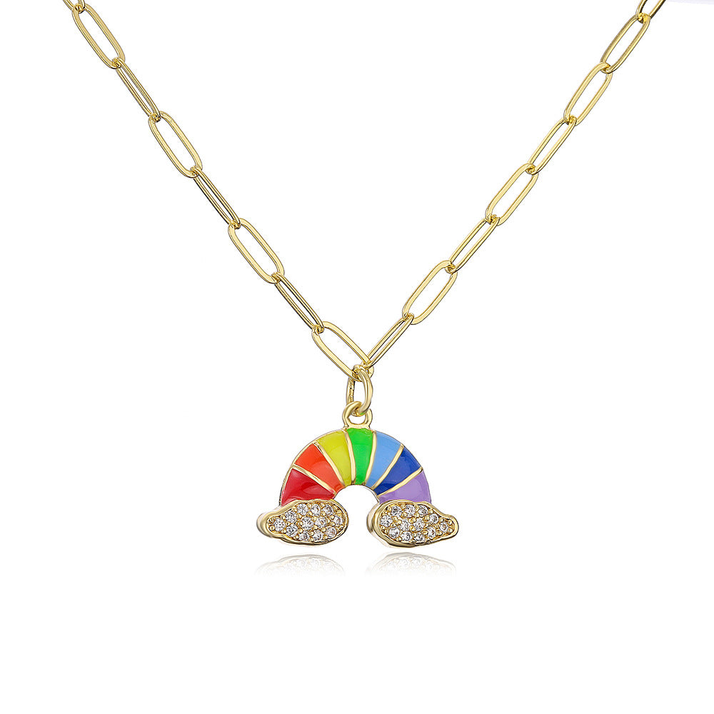 Cute INS-Style Geometric Moon Pendant Necklace for Women with Copper Base Plated in 18K Gold and Enamel Finish, Rainbow Rhinestone Inlay