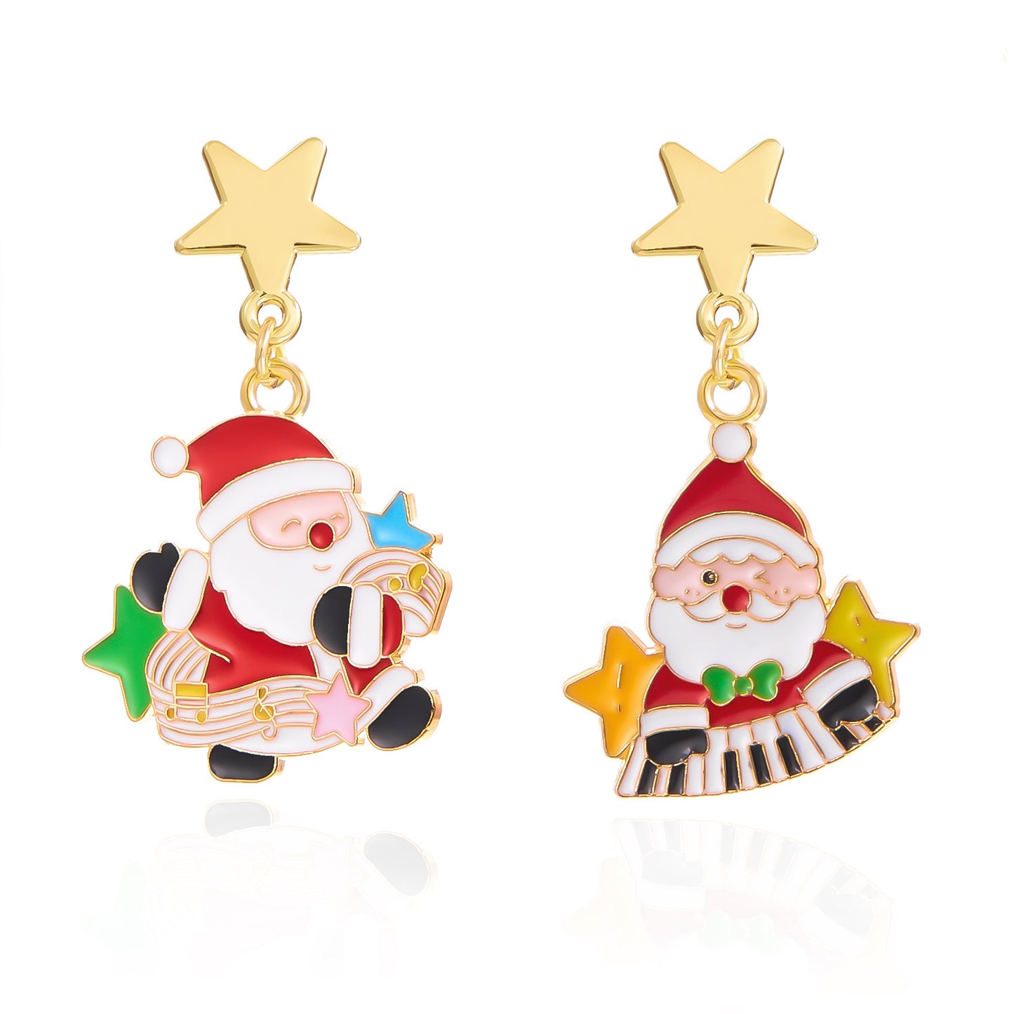 Set di orecchini e collana in lega a tema natalizio con ciondolo geometrico smaltato raffigurante renne e Babbo Natale