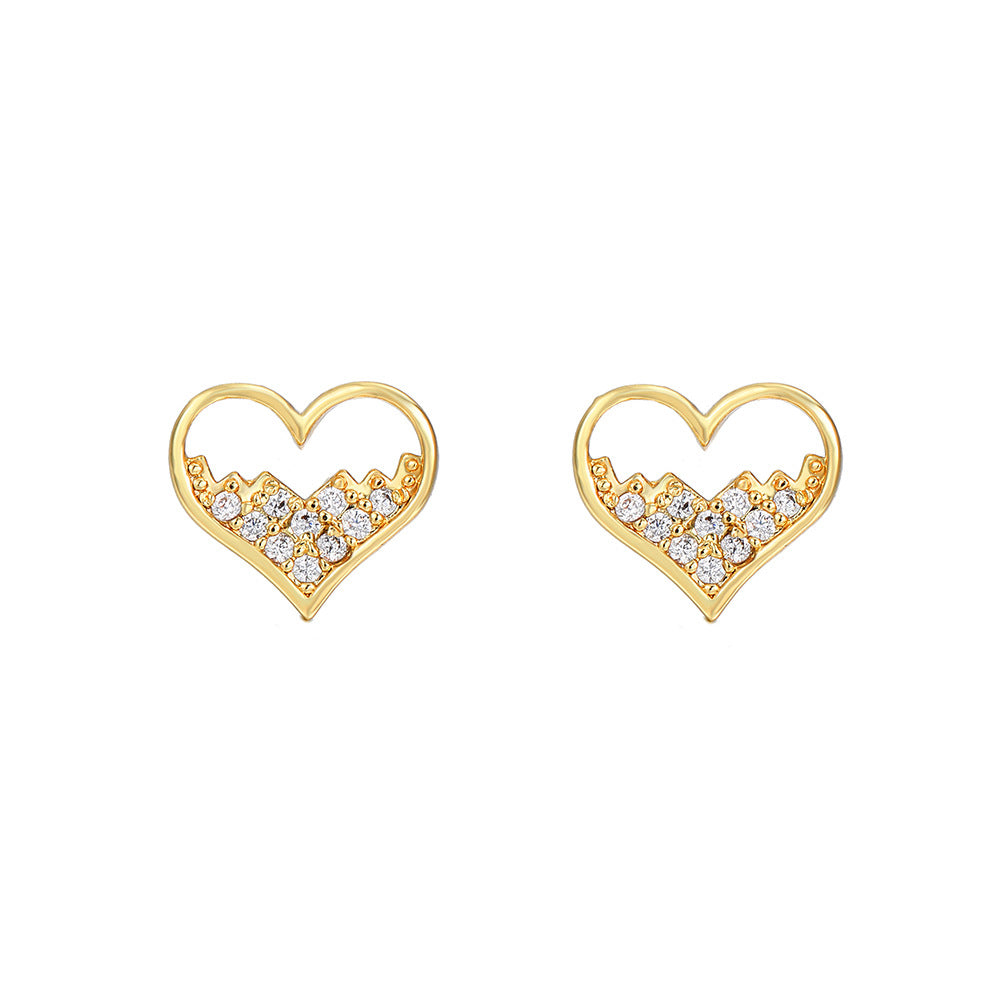 Minimalist Elegant Gold Plated Brass Heart Earrings with Micro-Inlaid Cubic Zirconia