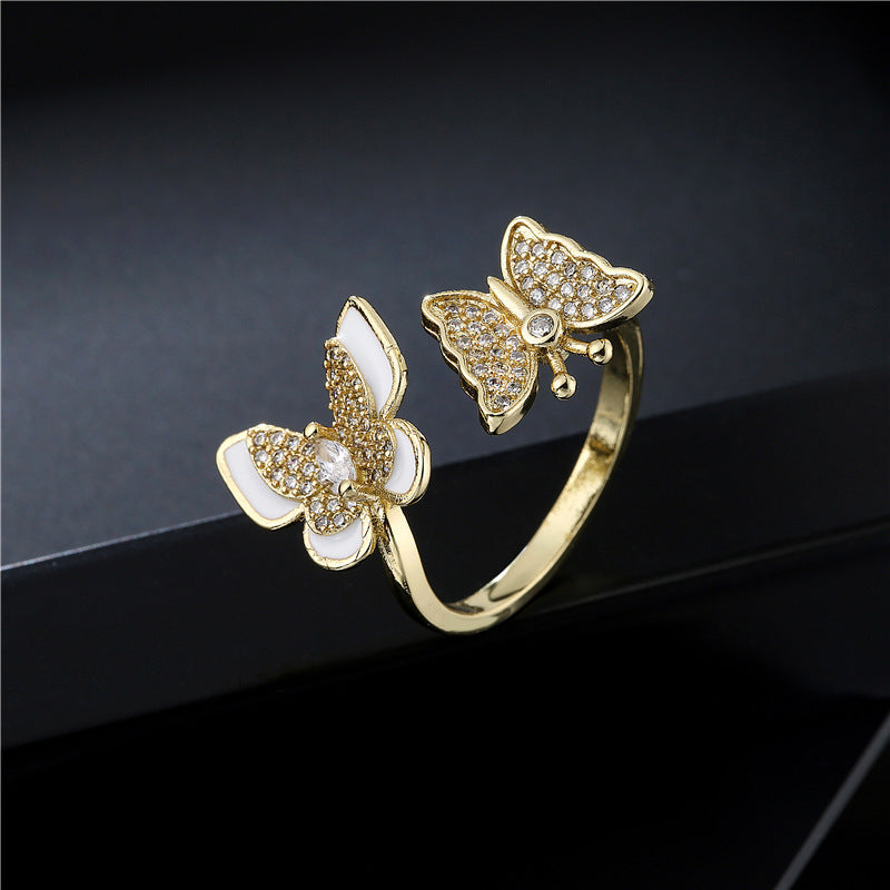 Gold Plated Brass Micro-Inlaid Cubic Zirconia Drip Oil Butterfly Open Ring for Women