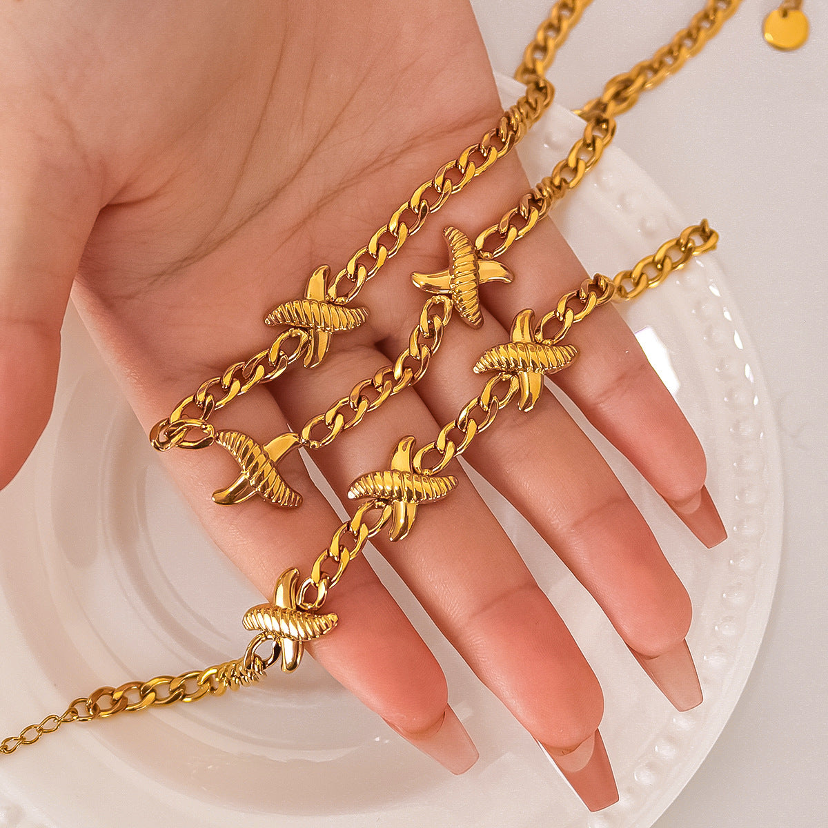Geometric Shape Stainless Steel Necklace and Bracelet Set with 18K Gold Plating for Women