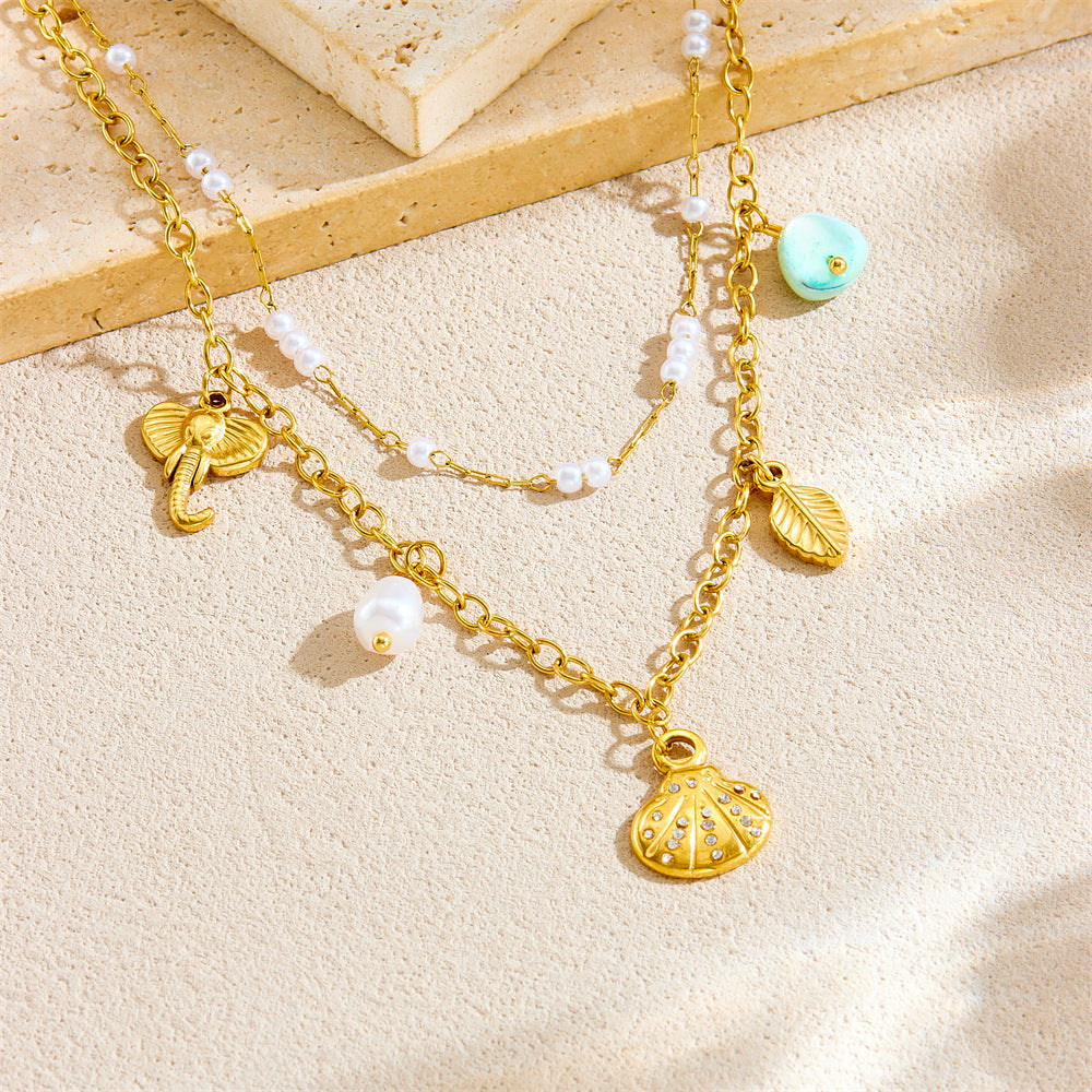 Sweet Ocean-Inspired Stainless Steel Double Layer Necklace with Seashell and Star Pendant for Women