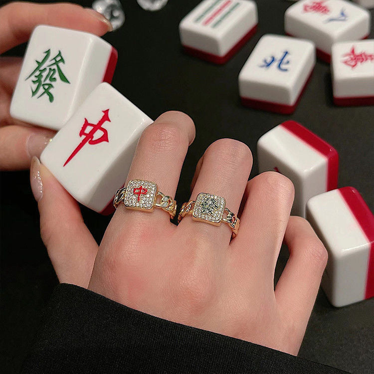 Original Design Geometric Alloy Ring with Gold Plating Inspired by Mahjong Tile Red Zhong Symbol for Women Elegant Minimalist Luxury Adjustable Band