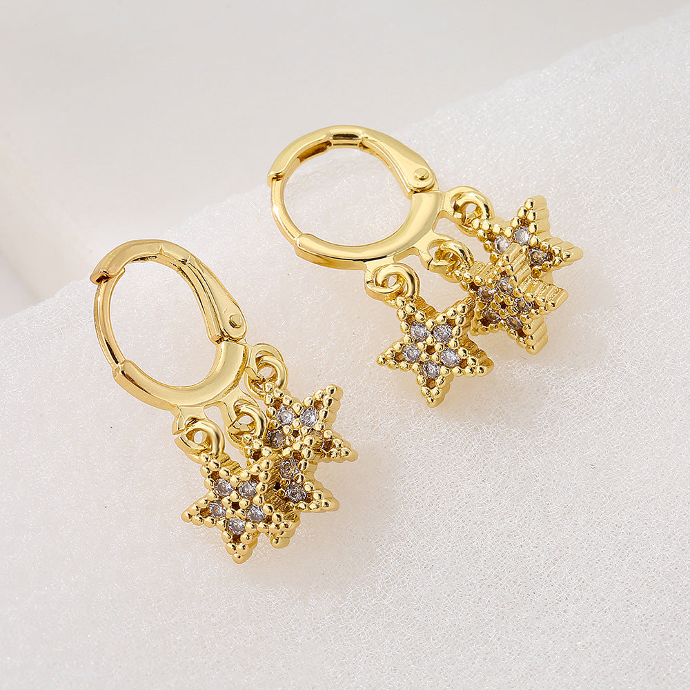 Minimalist Geometric Star Earrings for Women with Copper Base Plated in 18K Gold and Zircon Inlay