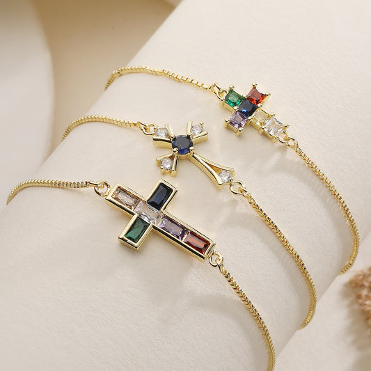 Vintage Luxury 18K Gold Plated Brass Cross Cubic Zirconia Bracelet for Women