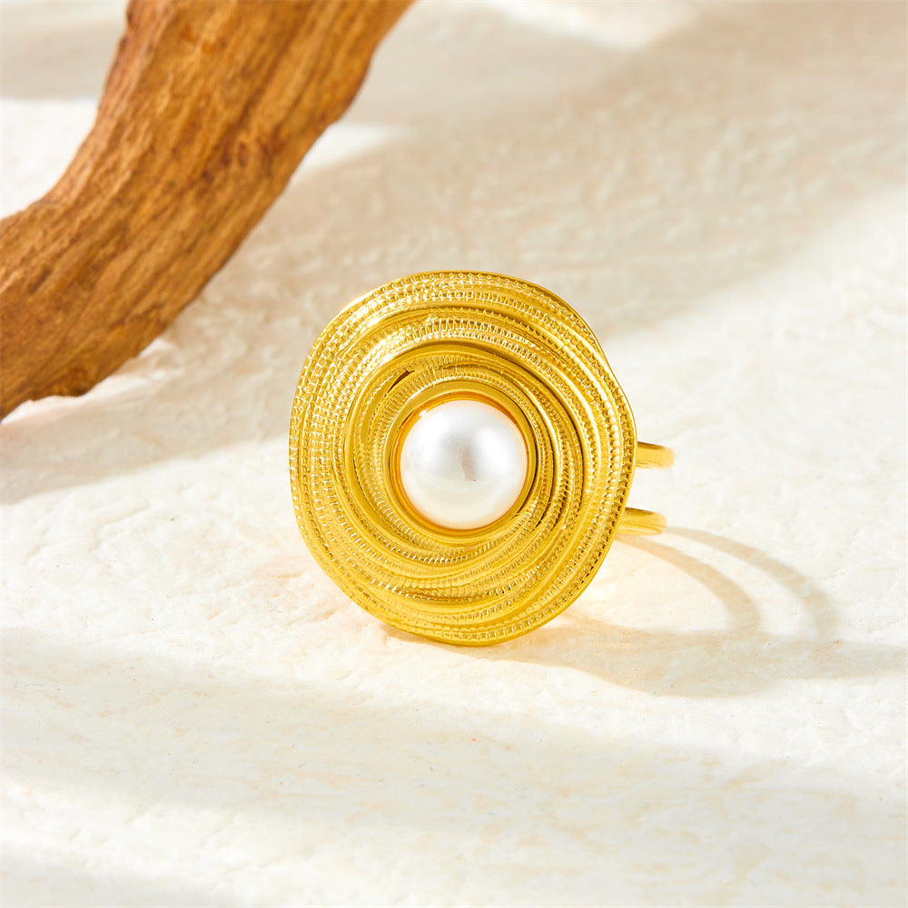 Vintage Elegant 18K Gold Plated Round Wire-Wrapped Pearl Stainless Steel Necklace Earring Ring Set