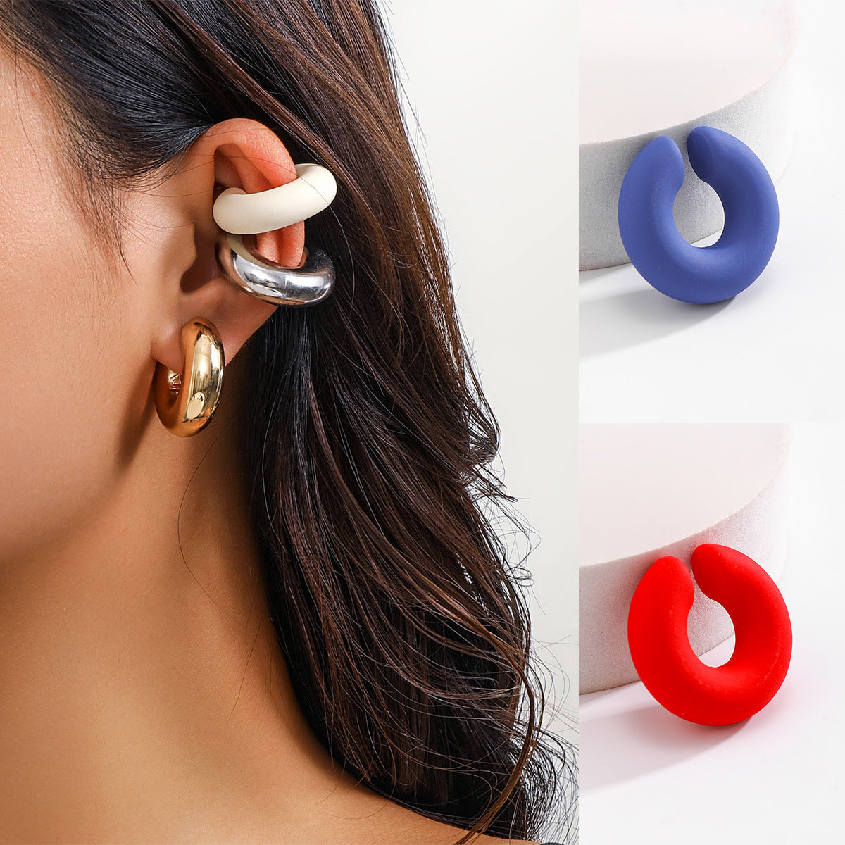 Orecchino a clip da donna in metallo galvanizzato lucidato a forma di C, geometrico e minimalista, senza piercing